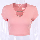 Solid Deep V-neck T shirt Ladies Short Sleeve Casual Chain Strap Streetwear Cropped Top Summer Sexy Tee Top