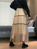 Spring Elastic Waist Midi Polka Dot Lace Mesh Skirt Women Elegant Korean Style High Waist A-line Long Tulle Skirt QT1872-Outfit
