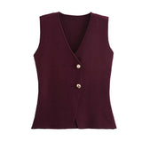 Women's 2025 Summer New V-Neck Gold Button Knitted Vest + Folding Skirt
