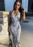 Sexy Printed U Neck Halter Backless Bodycon Long