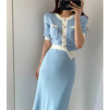 Two Piece Set Woman Autumn White Elegant O-neck Sweater + Elastic Waist Skirts Korean Fall Business Dress