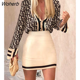 New Women Geo Print Long Sleeve Button Down Shirt & Mini Skirt Set Fashion Femme Two Pieces Dress Set Office Lady Wo-Outfit