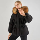 Large Natural Raccoon Fur Hooded Winter Jacket 90% White Duck Down Coat Women Puffer Fluffy Parkas With Belt Snow