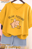 100% Cotton L-5XL Plus Size T Shirt Bunny Print V Neck Tshirt Short Sleeve Women Top Basic Summer Couple Solid T Shirts-Outfit