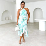 Spring/Summer New Print Sleeveless Elegance Elegance Open-Fork With Dress