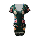 hirigin Women Elegant Dress Vintage Floral Print Ruffles Bodycon Dress for Party Cocktails Casual Mini Dress Vacation