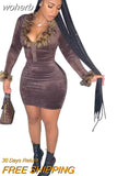 Furry Colllar Velvet 2 Piece Set Women V Neck Plush Sleeve Button Crop Top Mini Skirts Skinny Club Party Rave Outfits Suits-Outfit