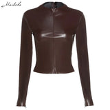 Autumn Fashion PU Leather Zipper T Shirt Women Slim Long Sleeve Turtleneck Clothing Lady Solid Casual Top 2020