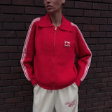 Knitted Cardigan Collar Zipper Retro Sports Rice White Hit Red High Street Burst