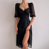 2024 Summer Chiffon High Split Dresses Women Short Sleeve Deep V Neck Midi Dress Woman Lace Elegant Vestido Feminino-Outfit