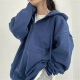 Women Korean Version Loose Hoodies Long Sleeve Zip Up Solid Pocket Oversized Sweatshirts Female Thin Harajuku Hooded Coat