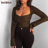 Women Tee Top T Shirt Long Sleeve Square Collar Long Sleeve Basic Sexy Skinny Stretchy Top Casual Streetwear Solid