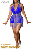Hot Drilling 2 Piece Set Outfits Summer Sexy Halter Lace Up V Neck Backless Bodysuit Top + Tassel Mini Skirt Club Sets-Outfit