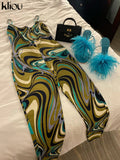 Kliou Aesthetic Panelled Print Jumpsuit For Women Hot Casual Silky Spaghetti Strap Skinny Bodysuit Streetwear Female