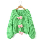 Bow Sweater Cardigan Jacket Languid Short Heavyweight Knitted Jersey