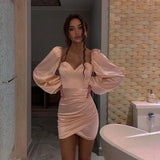 2021 Long Lantern Sleeve Solid Square Collar Ruched Zip Up Patchwork Mini Dress Spring Summer Women Elegant