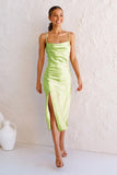 Sleeveless Spaghetti Strap Black Silk Long Dress Sexy Backless Elegant Green Satin Party Dress Woman Split Midi