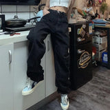 Y2K streetwear heavy wash and old black and white straight-leg jeans women BF street hip-hop loose casual jeans women