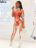 Kliou Gradient Print Foot Pants Women Fashion Medium Waist Body-Shaping Aesthetic Color Match Legging Streetwear Female