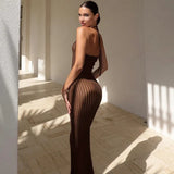 Summer New Knitted Neck Sleeveless Long Dress Solid Color Tight Sexy Bare Back Dress