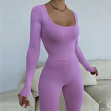 Kliou Solid Concise Two Piece Set Women Skinny Bodycon-shaping Crew Neck Bodysuit+High Waist Slim Sporty Leggings