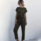 Hotsale 2pcs Women Summer Tracksuits Set Lounge Wear Short Sleeve Tops Long Pants Sweat Suits Elastic Waist Casual