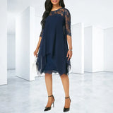 Plus Size Dress Chiffon Dresses Women New Fashion Chiffon Overlay Three Quarter Sleeve Stitching Irregular Hem Lace