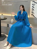 Autumn Station Temperament Retro Lotus Leaf Side Bubble Long Sleeve V Collar Thin A Word To Close The Waist 100-Fold