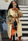 Fall Fashion Contrast Begie And Green Long Sleeve Button-Open Long