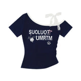 Oblique Shoulder Lace Sling Short-Sleeved Woman Design Small Sweet Short T-Shirt Girl Irregular