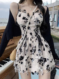 Gothiscyn Long Sleeve Knit Cardigan Crop Coat Two-piece Dress Ladies Drawstring Floral V-neck French Suspender Robe Suit