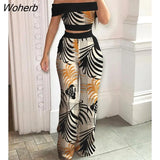 2 Piece Set Women Fashio Print Slash Neck Short-sleeved Top High-waisted Wide-leg Pants Suit Women 2 Piece Suit-Outfit