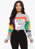 Color Block Print Letter O-Neck Crop
