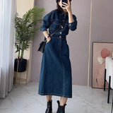 Woherb Shirt Denim Dress Female Summer 2024 New Retro Waist Show Thin Medium Long Denim Skirt-Outfit