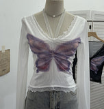 Shot Micro-Permeable Mesh Butterfly Print Splicing Lace Hanging Neck Horn Long-Sleeved T-Shirt Repair Short Top