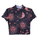 Sheer T-shirt See-through Moon Stars Print Tee Tops Summer Fashion Ruffles Short Sleeve Women Crop Top Hot