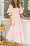 Elegant Square Collar Plaid A-Line Summer Spaghetti Midi Dress For Women 2023 Short Sleeve Ruffle Backless Boho Party Dress-Outfit