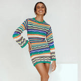 Bohemian Color Block Striped Knit Crochet Sweaters Dress Autumn Women's Long Sleeve Crew Neck Mini Bodycon