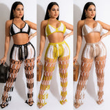 Block Knit Rib 2 Piece Set Summer Beach Wear Sexy Crochet Fishnet Lace Up Bra Crop Top + Pants Club Oufits Tracksuit Women-Outfit