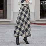 Autumn Lady High-Rise Thin Lattice A-Shaped Skirt Party Casual Loose Swing Umbrella
