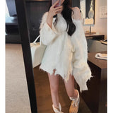 Woherb Sister Restore Ancient Ways Broken Edge Twist Sweater Female Autumn Winter Trend Wind Show Shoulder Design Feeling Loose Head Knit Jacket Female-Outfit
