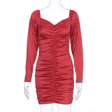 2021 Long Puff Sleeve Slash Neck Satin Pleated Sexy Mini Dress Autumn Winter Women Solid Party Elegant Streetwear