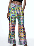 2023 Summer Women Print Straight Pants Vintage Elastic waist Loose Satin Female Elegant Street Pant Trousers Clothing-Outfit