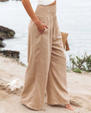 Summer 2022 Cotton Linen Style Women Loose Long Trousers Leisure Solid Color High Waist Ruched Beach Wide Leg Pants with