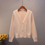 Cardigan Women Autumn New V Neck Pearl Single Breasted Loose Short Thicken Sweater Sweet Long Sleeve Knitted Top