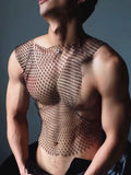 Woherb Sexy Men's T-Shirt Half Vest Top Transparent See-Through Versatile Fishing Net Nightclub Show Grid