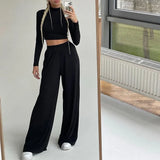 Two Piece Set Women Skinny Turtleneck Long Sleeve Cropped Top And Elastic Wide Leg Pant Suit Elegant Female Solid