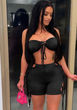 Sexy Off-the-shoulder Crop Top Solid Lace Up Two Piece Shorts