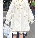 Winter Warm Kawaii Sweet Coat Women White Japanese Cute Long Wool Coat Female Peter Pan Collar Loose Korean Style Overcoat-Outfit