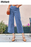 Cotton casual corduroy women long pants autumn winter Office button wide-legged trousers Fashion mid waist ladies bottom 601-0-Outfit